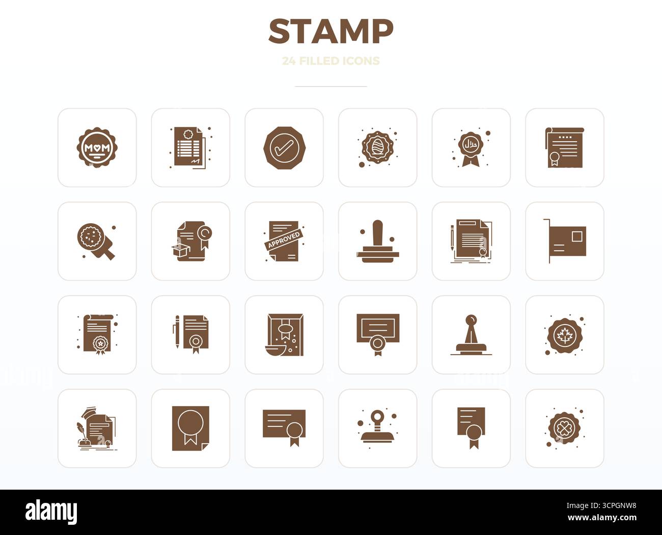 Bundle stratégique avec 24 icônes vectorielles représentant Stamp au format SolidFill, optimisé avec 128x128 PIXELS DE qualité parfaite pour le travail professionnel Illustration de Vecteur