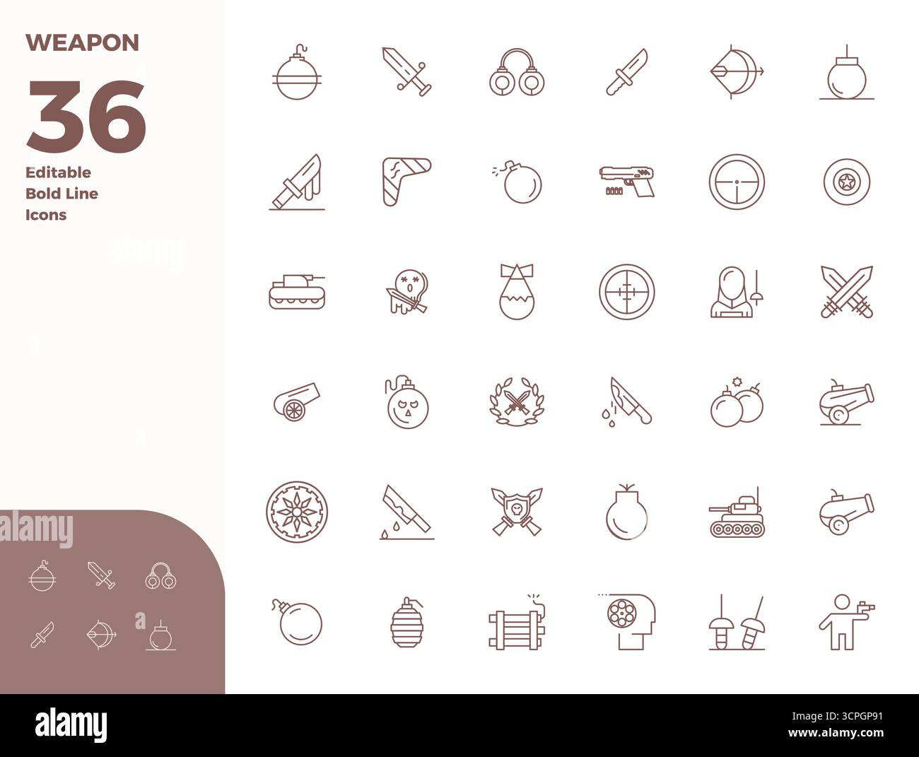 Ensemble sophistiqué de 36 icônes vectorielles Bold Line pour arme, conçu avec 128x128 PIXELS clarté parfaite pour les applications professionnelles. Illustration de Vecteur