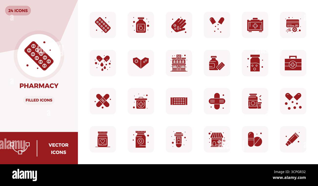 Pack essentiel d'icônes vectorielles parfaites de 24 PIXELS pour pharmacie en format rempli, dimensionné à 128x128 pour une performance et une évolutivité optimales. Illustration de Vecteur