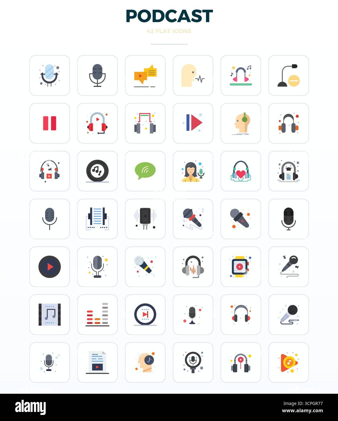 Pack prêt pour l'avenir de 42 icônes vectorielles sur le thème du Podcast, présentant un design minimal Flat avec 128x128 PIXELS clarté parfaite pour une pointe utilisateur innovante Illustration de Vecteur