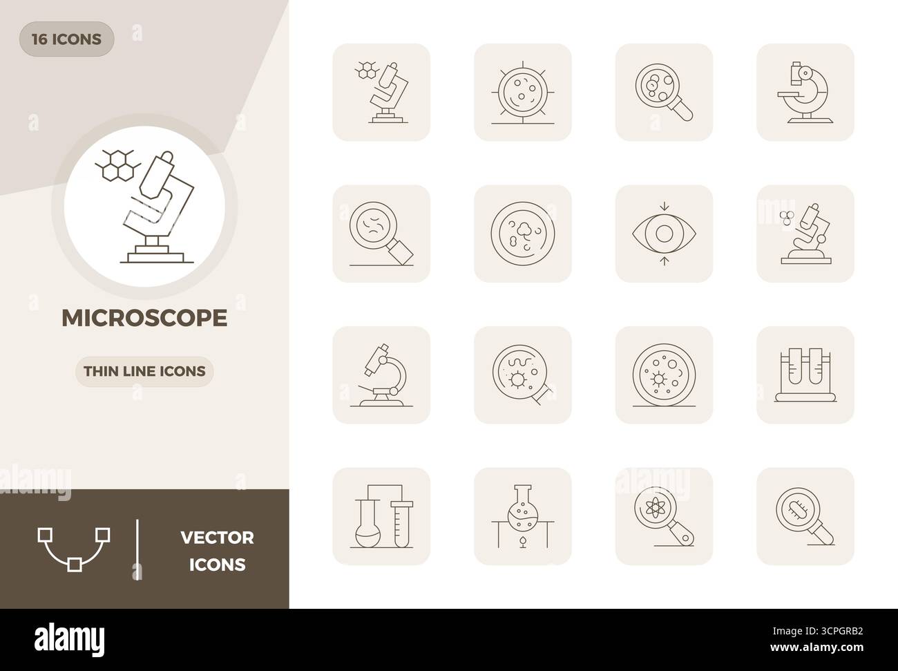 Judicieusement conçu 16 icônes vectorielles sur le thème autour du microscope, fabriqué en ligne mince avec 128x128 PIXELS précision parfaite pour le besoin de conception contemporaine Illustration de Vecteur