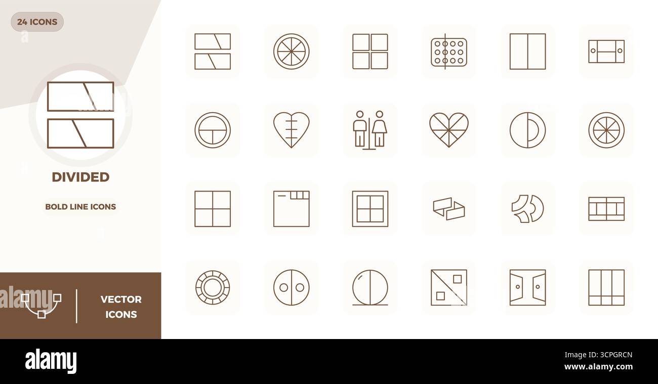 Collection de 24 icônes vectorielles parfaites DE PIXEL Bold Line pour Divided, conçues en format 128x128 pour la clarté et la polyvalence. Illustration de Vecteur