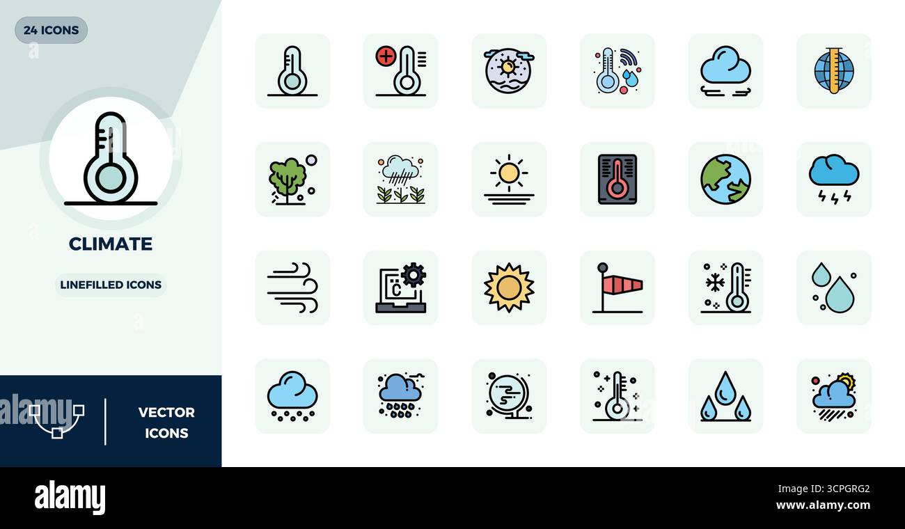 Ensemble de 24 icônes vectorielles LineFilled PIXEL Perfect sur le thème du climat, conçues en résolution 128x128 pour une intégration transparente dans les applications et les sites Web. Illustration de Vecteur