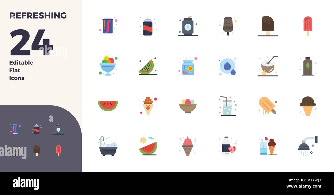 Pack stratégique avec 24 icônes vectorielles représentant rafraîchissant en format plat, optimisé avec 128x128 PIXELS DE qualité parfaite pour le travail professionnel Illustration de Vecteur