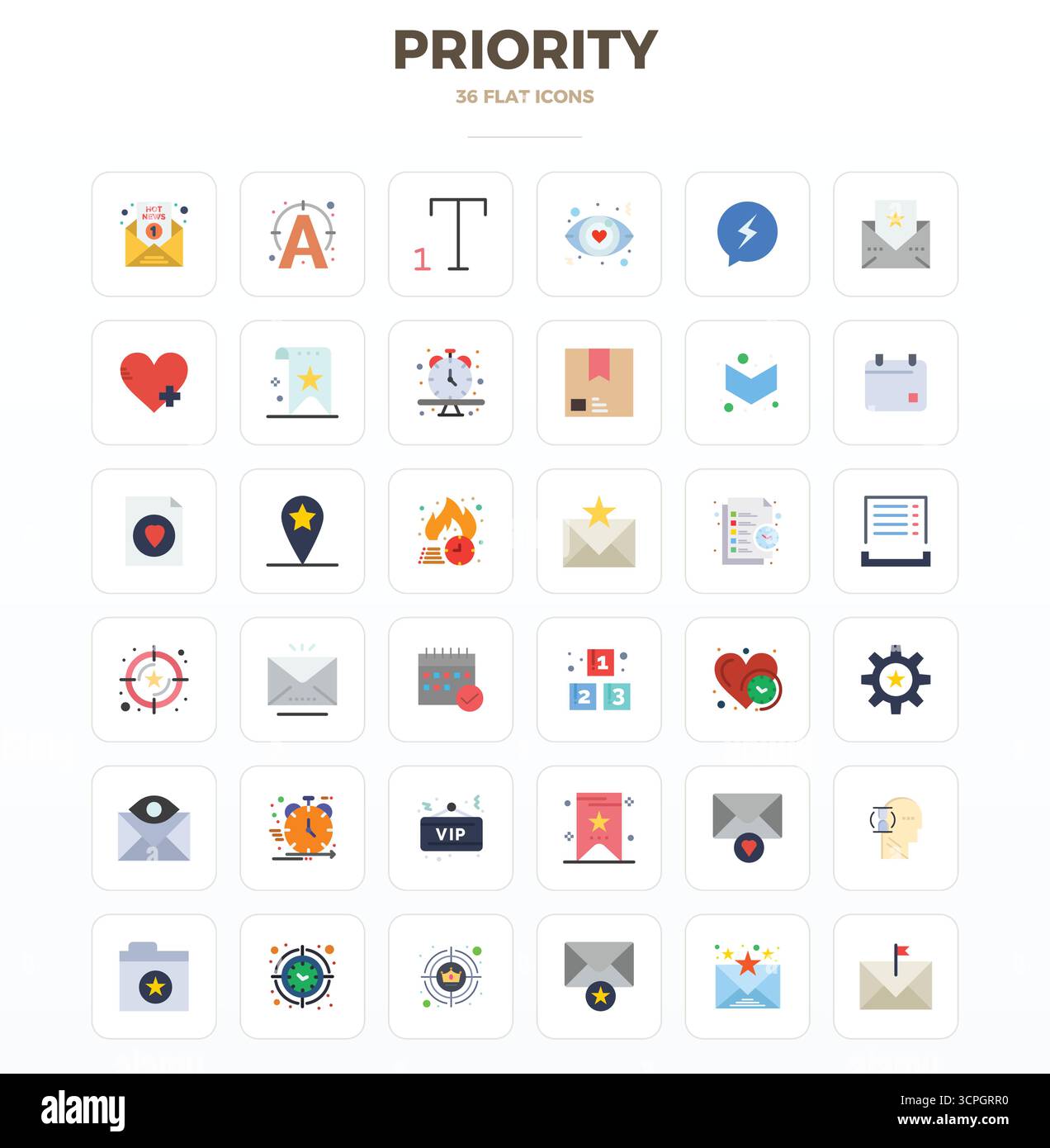 Collection de qualité professionnelle de 36 icônes vectorielles minimales Flat représentant Priority, conçue avec 128x128 PIXELS précision parfaite pour l'appli d'entreprise Illustration de Vecteur