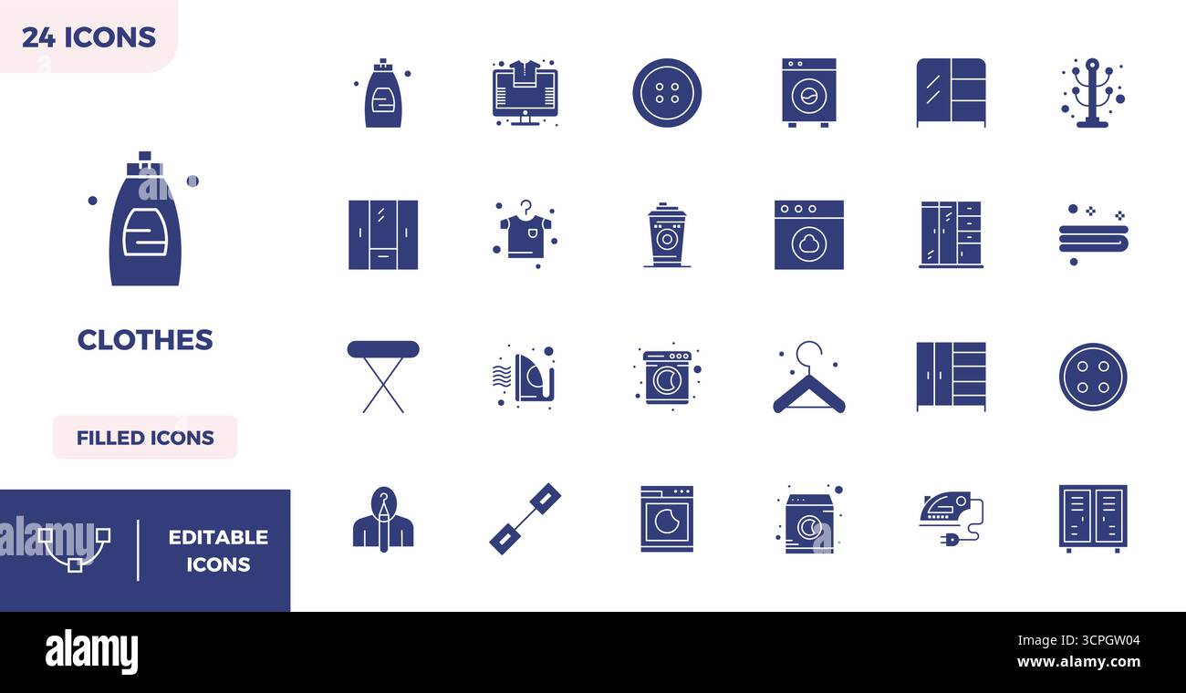 Découvrez un ensemble de 24 icônes vectorielles remplies conçues pour le thème des vêtements, avec des designs parfaits 128x128 PIXELS idéaux pour les projets UI / UX modernes. Illustration de Vecteur