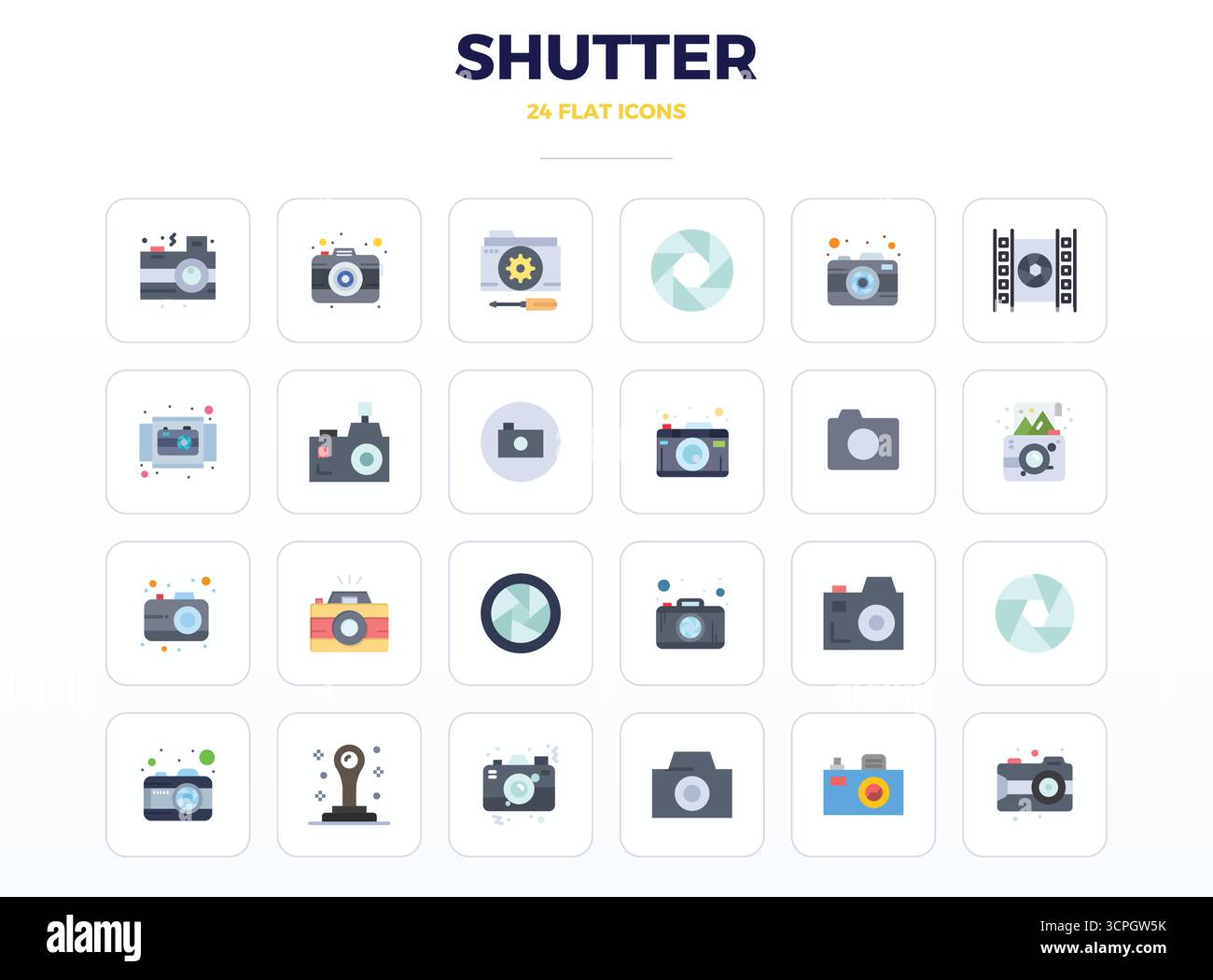Collection haute performance de 24 icônes vectorielles minimales Flat pour obturateur, conçue avec une résolution parfaite de 128x128 PIXELS pour une interface utilisateur optimale d Illustration de Vecteur
