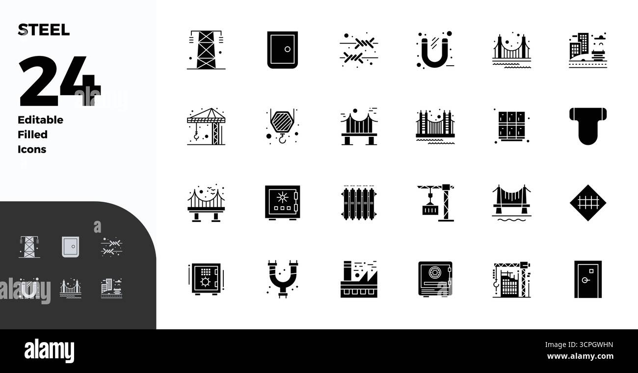 Découvrez un ensemble de 24 icônes vectorielles remplies de glyphes conçues pour le thème Steel, avec des designs parfaits 128x128 PIXELS idéaux pour les projets UI / UX modernes. Illustration de Vecteur