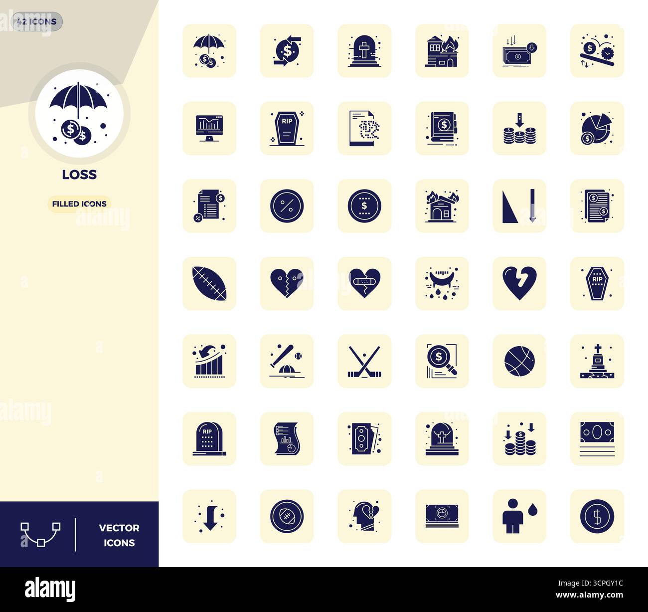 Un ensemble dynamique de 42 icônes vectorielles remplies, adaptées à la perte avec 128x128 PIXELS DE qualité parfaite adaptée aux produits numériques. Illustration de Vecteur