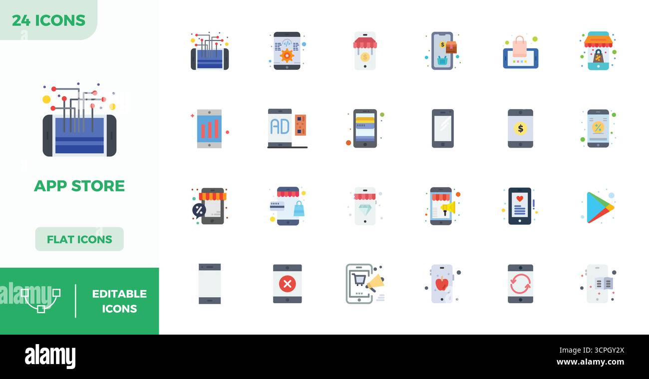 Cette collection comprend 24 icônes vectorielles Flat Color PIXEL Perfect adaptées au thème App Store, optimisées au format 128x128 pour la conception numérique. Illustration de Vecteur