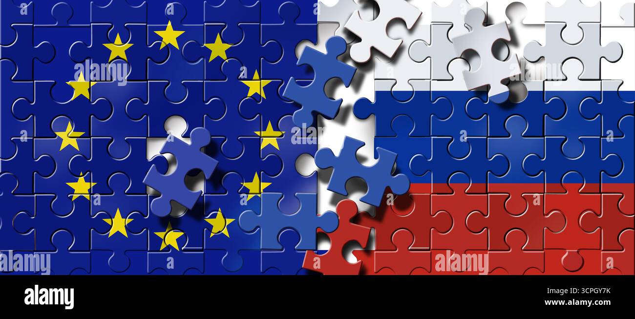 La Russie et l'Europe sont en crise comme tensions européennes et questions géopolitiques entre l'UE et les Russes comme Bruxelles et Moscou défis impliquant l'OTAN Banque D'Images