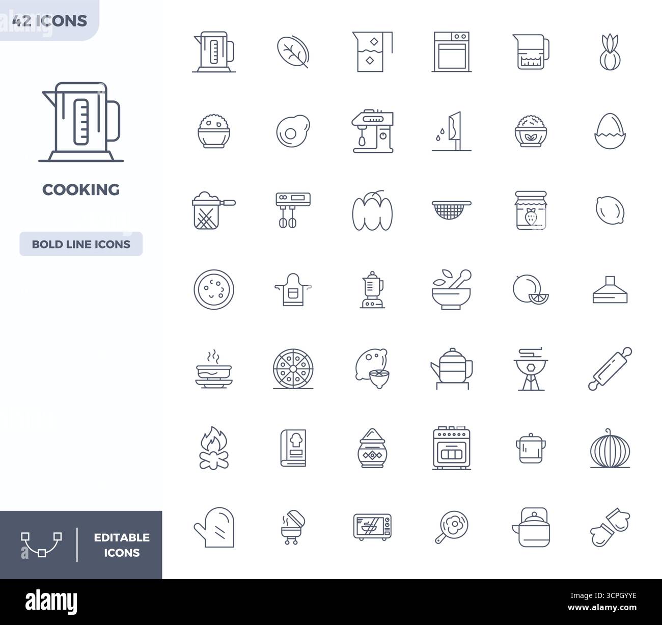 Cet ensemble de 42 icônes vectorielles Heavy Line capture des thèmes de cuisine en 128x128 PIXELS DE qualité parfaite, parfait pour les applications technologiques et commerciales. Illustration de Vecteur