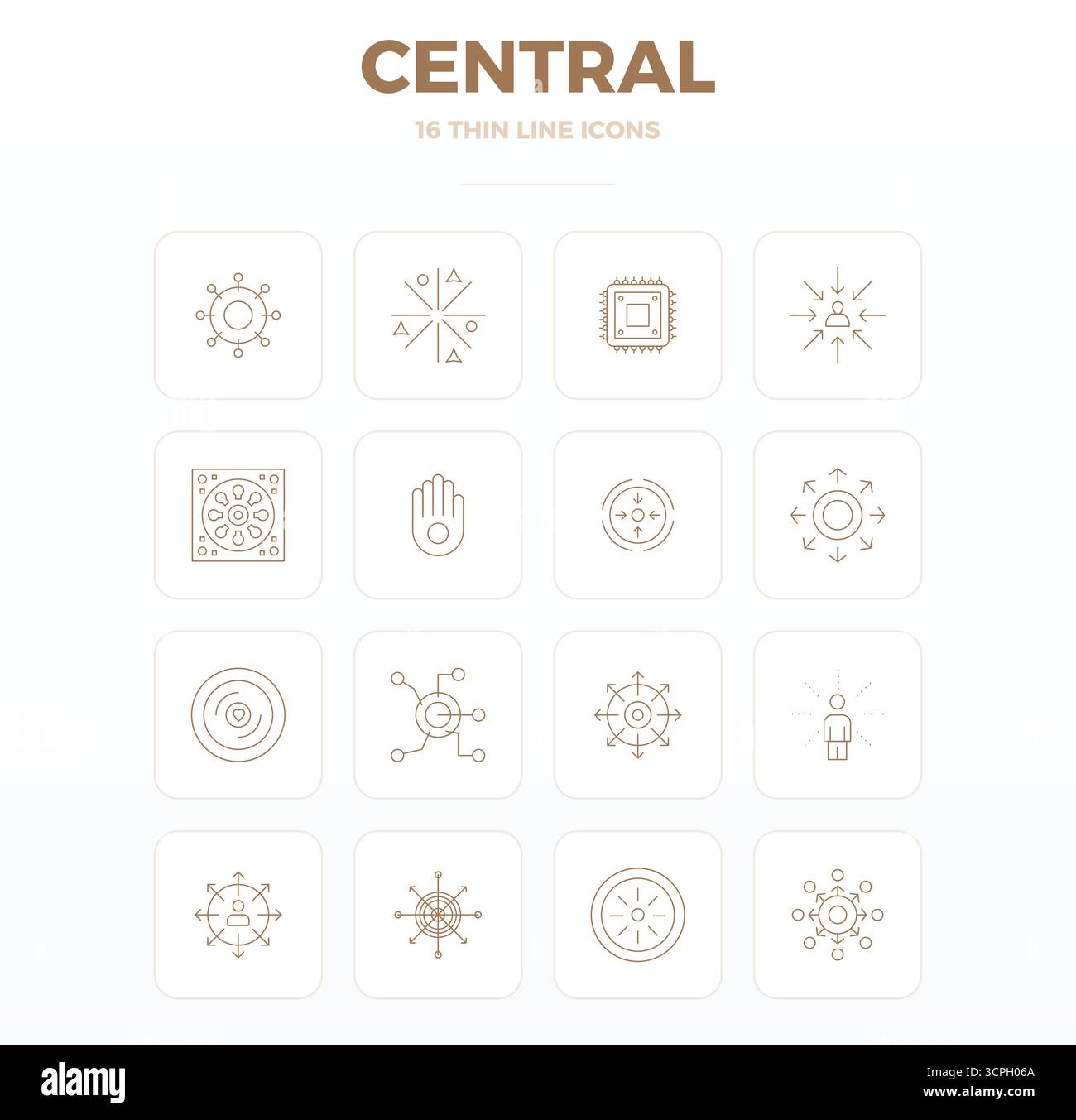 Transformez vos conceptions avec 16 icônes vectorielles Thin Outline sur le thème de Central, conçues en 128x128 PIXELS résolution parfaite pour un maximum de clarté. Illustration de Vecteur