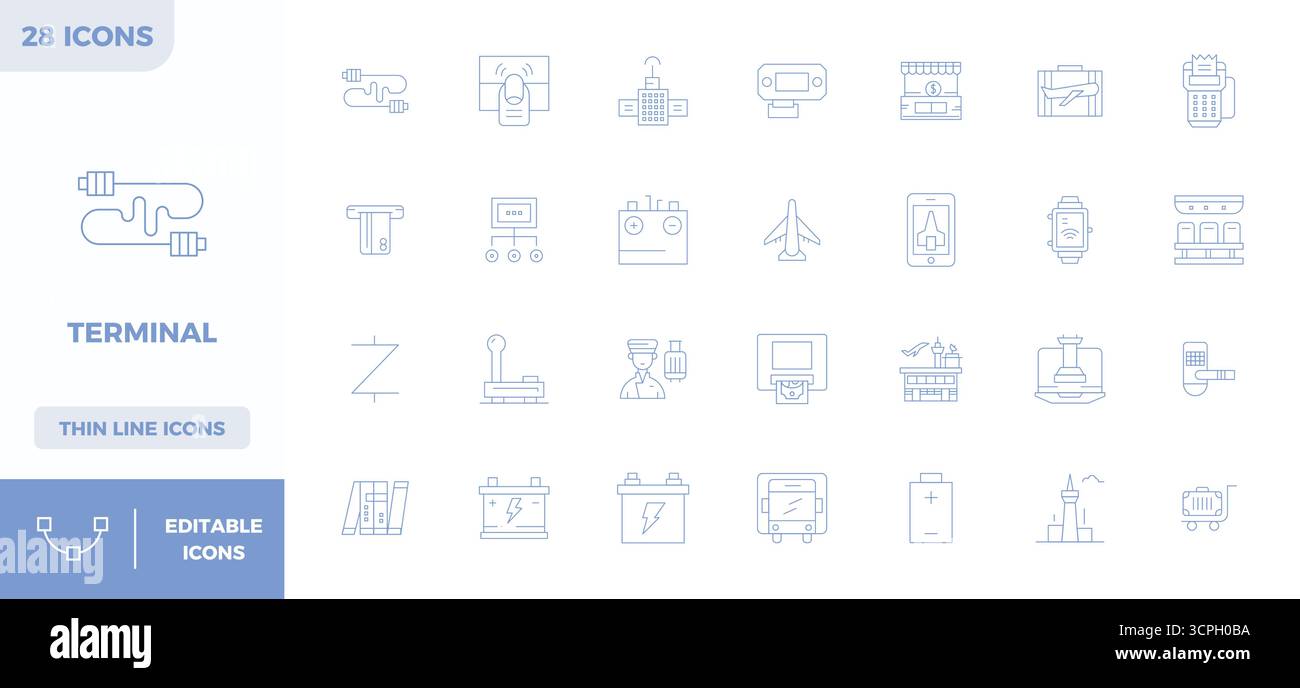 Paquet complet de 28 icônes vectorielles sur le thème du terminal, présentant la conception minimale de ligne en 128x128 PIXELS DE qualité parfaite pour les interfaces modernes. Illustration de Vecteur