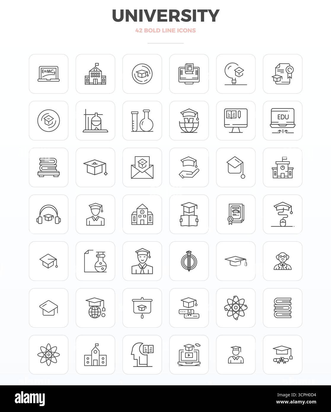 Soigneusement curated 42 icônes vectorielles Strong Outline pour l'Université, avec 128x128 PIXELS résolution parfaite pour une représentation cohérente de la marque et nous Illustration de Vecteur