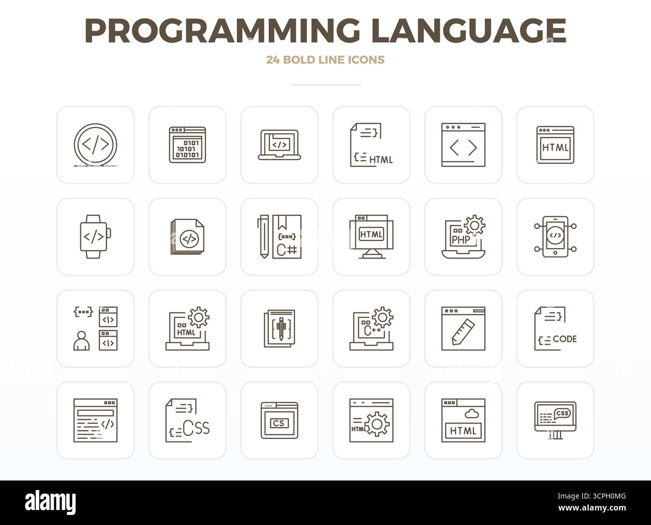 Améliorez vos projets avec 24 icônes vectorielles Strong Outline sur le thème du langage de programmation, avec une résolution parfaite de 128x128 PIXELS idéale pour cle Illustration de Vecteur