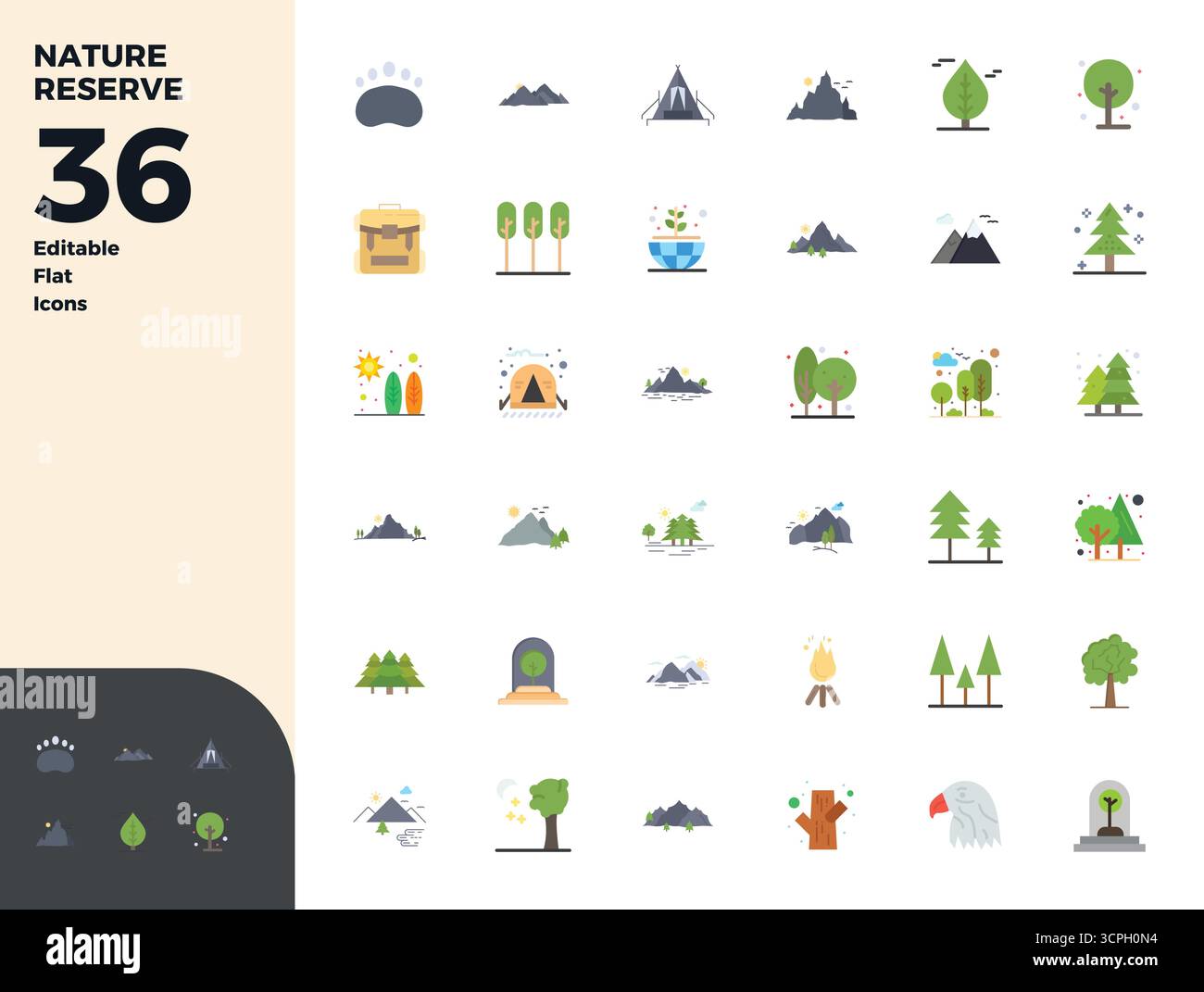 Icônes vectorielles parfaites de 36 PIXELS intelligemment conçues inspirées de la réserve naturelle, créées en format plat à 128x128 pour un travail de conception intelligent et efficace Illustration de Vecteur