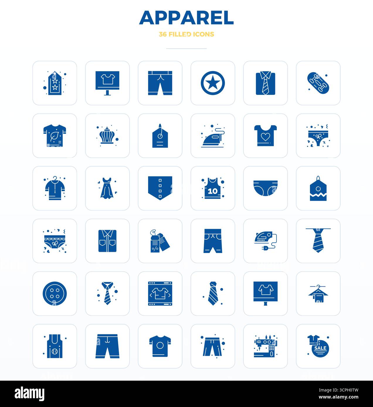 Ensemble de 36 icônes vectorielles SolidFill PIXEL Perfect sur le thème de Apparel, conçu en résolution 128x128 pour une intégration transparente dans les applications et les sites Web. Illustration de Vecteur
