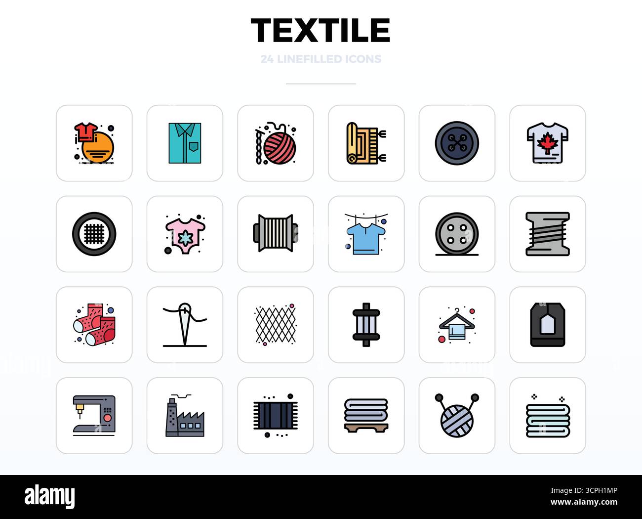 Cette collection comprend 24 icônes vectorielles LineFill PIXEL Perfect adaptées au thème textile, optimisées au format 128x128 pour la conception numérique. Illustration de Vecteur