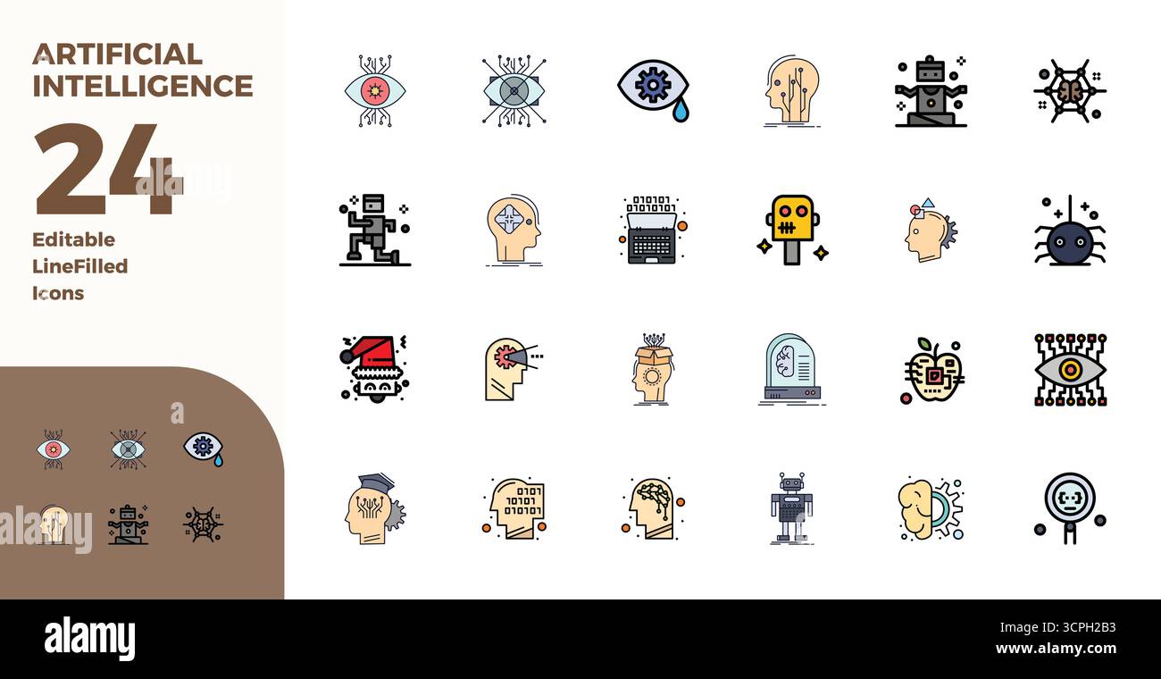 Magistralement créé 24 icônes vectorielles représentant l'intelligence artificielle dans la conception Duotone, avec 128x128 PIXELS résolution parfaite pour exceptionnel Illustration de Vecteur
