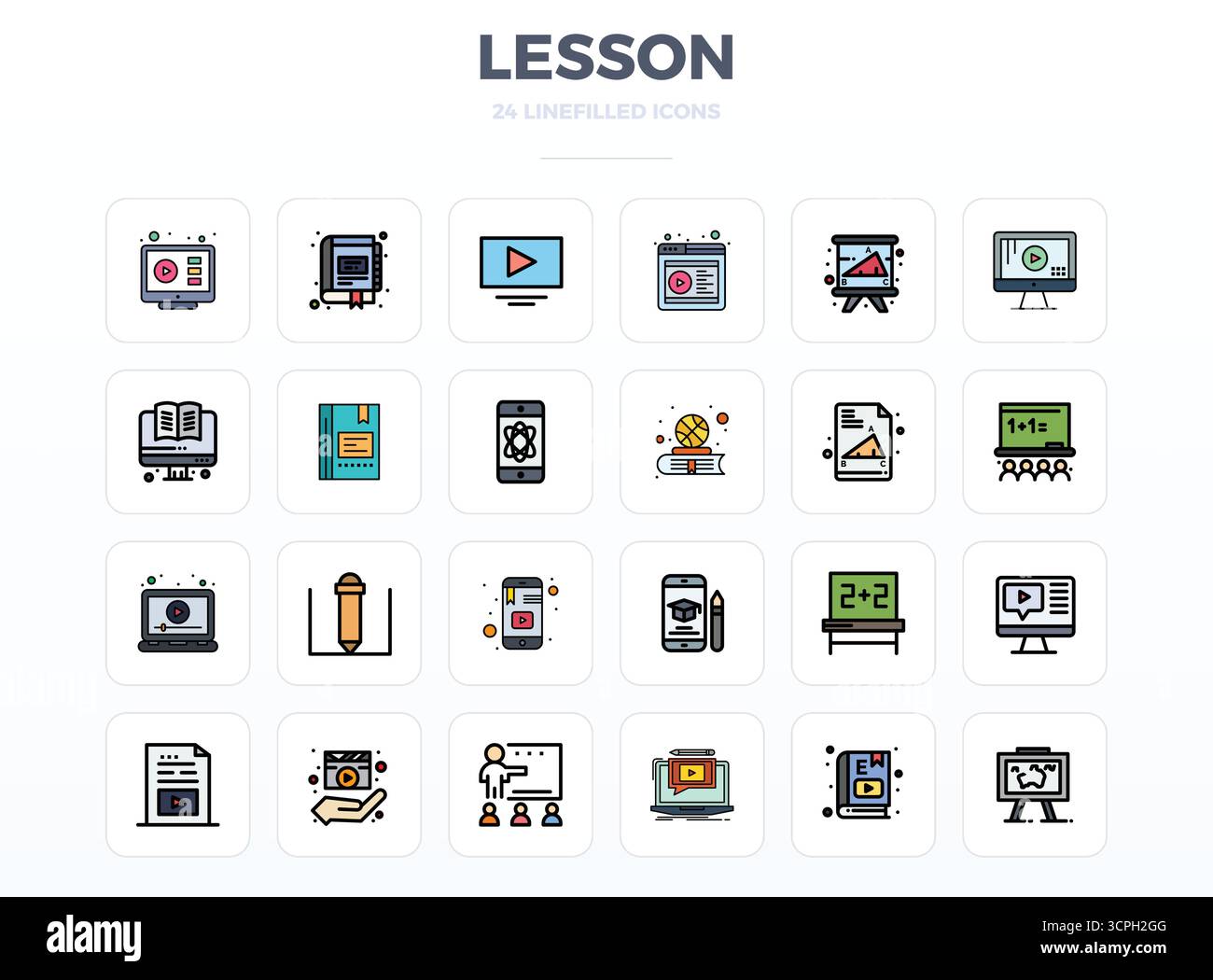 Boîte à outils complète de 24 icônes vectorielles sur le thème de la leçon, développée en LineFill avec 128x128 PIXELS précision parfaite pour une application de conception polyvalente Illustration de Vecteur