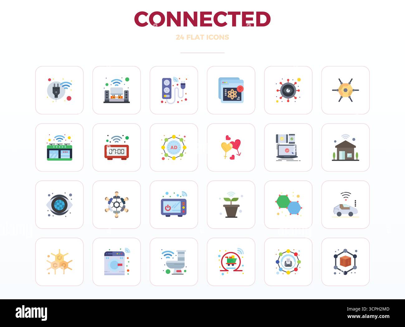 Pack leader de l'industrie de 24 icônes vectorielles minimales Flat PIXEL parfait pour connecté, dimensionné à 128x128 pour un rendu optimal et une interface utilisateur excellente Illustration de Vecteur