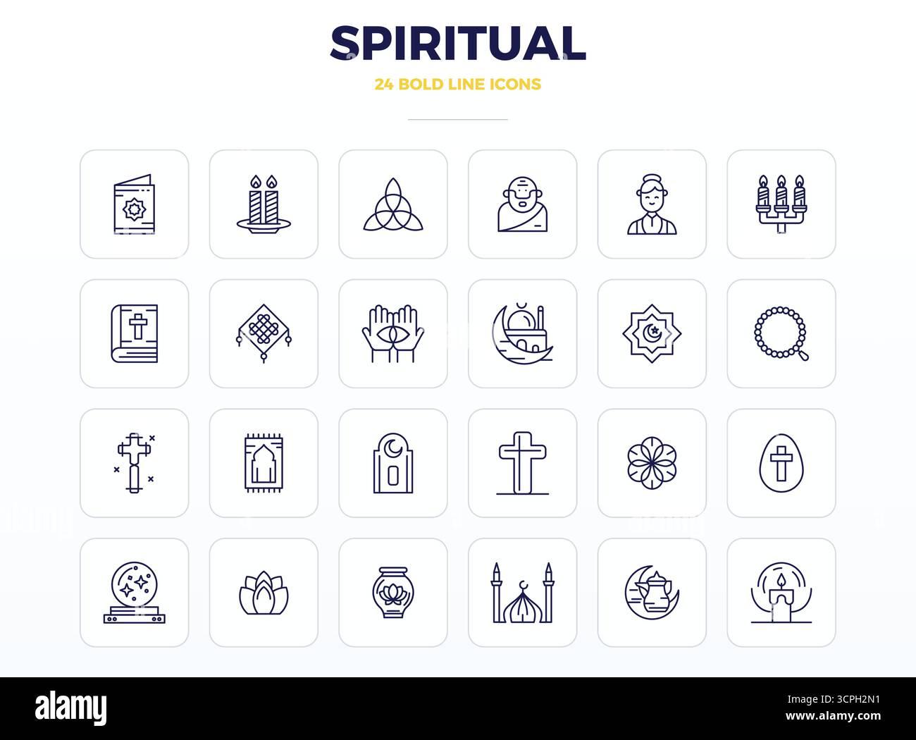 Pack leader de l'industrie de 24 icônes vectorielles Perfect Strong Outline PIXEL pour Spiritual, dimensionnées à 128x128 pour un rendu optimal et une interface utilisateur excellente Illustration de Vecteur