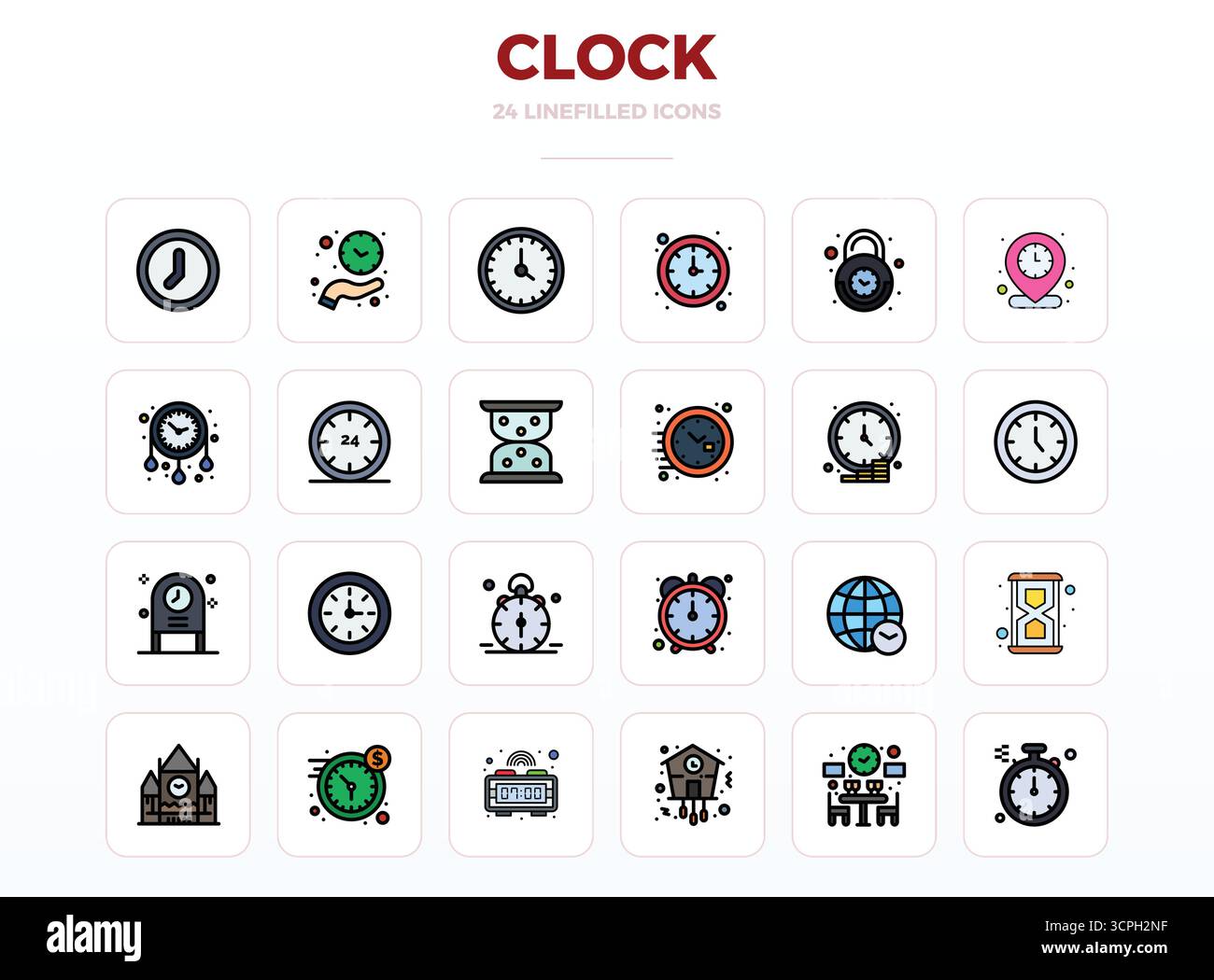 Pack essentiel d'icônes vectorielles parfaites de 24 PIXELS pour horloge au format LineFill, dimensionné à 128x128 pour des performances et une évolutivité optimales. Illustration de Vecteur