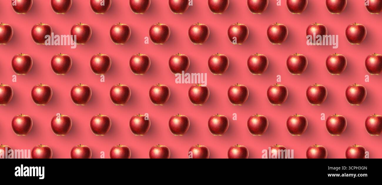 Motif infini de pommes sur fond rose. Fruits en rangée avec ombre douce. Pomme fraîche au-dessus de la vue avec espace de copie pour la conception ou le texte. Banque D'Images