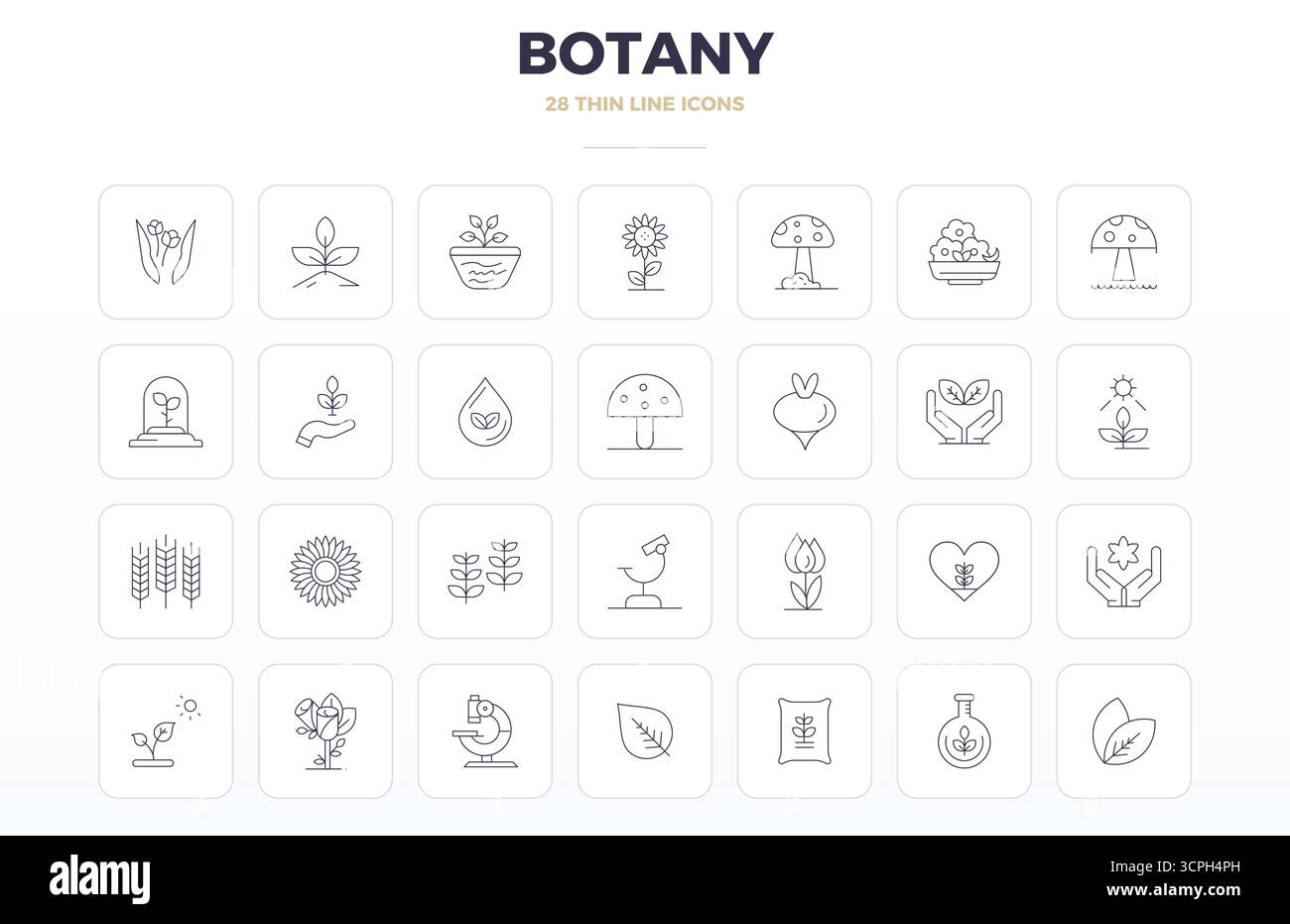 Ensemble de 28 icônes vectorielles parfaites de PIXEL Thin Outline sur le thème de Botany, conçues en résolution 128x128 pour une intégration transparente dans les applications et les sites Web. Illustration de Vecteur