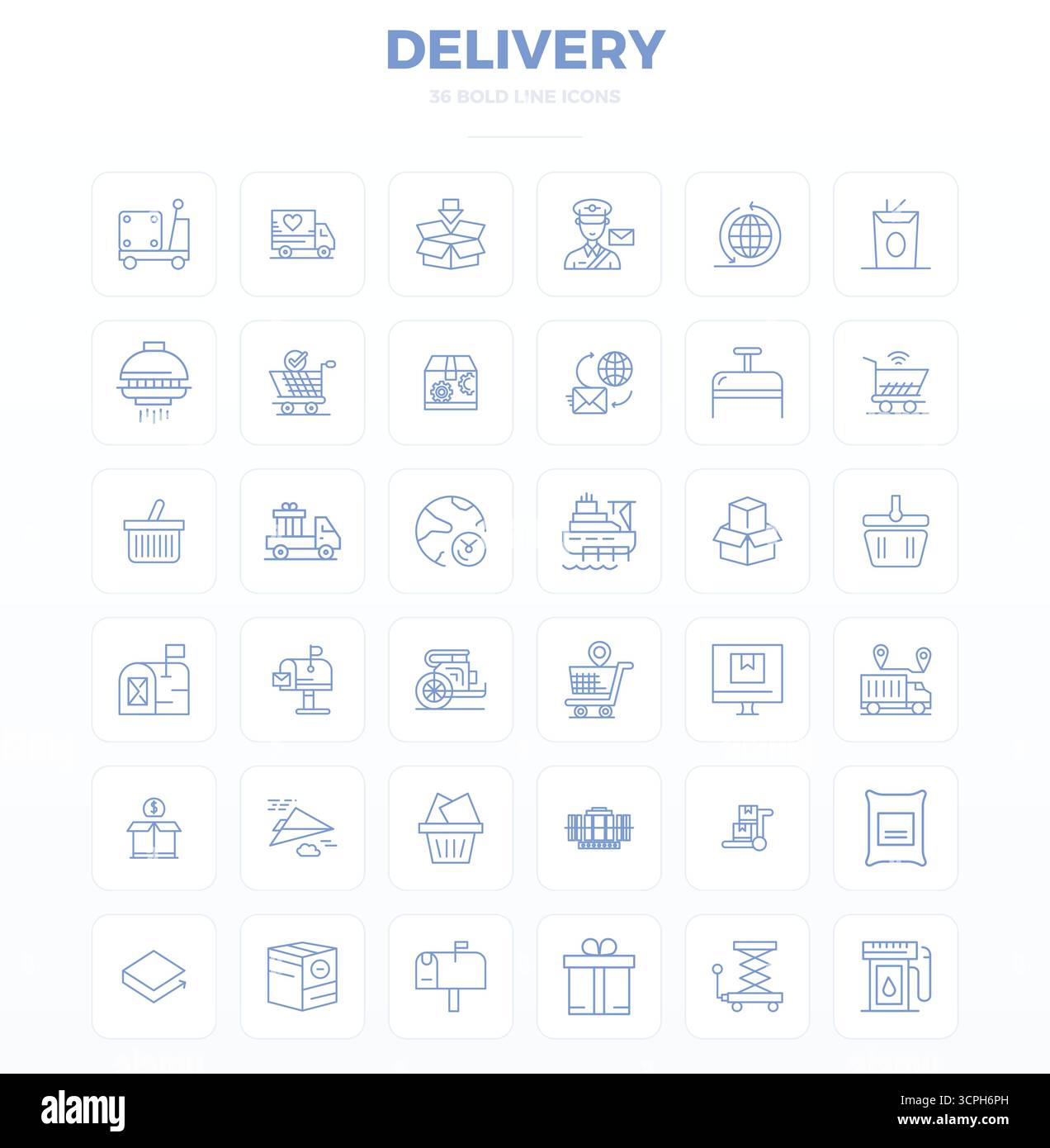 Transformez vos conceptions avec 36 icônes vectorielles Strong Outline sur le thème de la livraison, conçues en 128x128 PIXELS résolution parfaite pour un maximum de clarté. Illustration de Vecteur