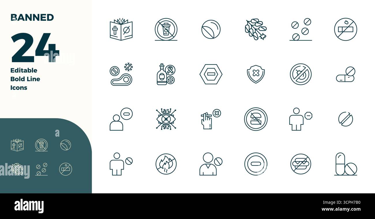 Collection exceptionnelle de 24 icônes vectorielles Bold Line pour Banned, livrée en 128x128 PIXELS résolution parfaite pour une excellence visuelle inégalée et U. Illustration de Vecteur