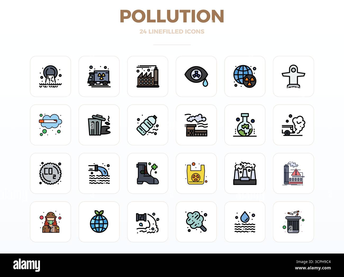 Pack organisé de 24 icônes vectorielles 128x128 dans la conception de LineFill, centré autour des concepts de pollution avec une clarté parfaite DE PIXEL. Illustration de Vecteur
