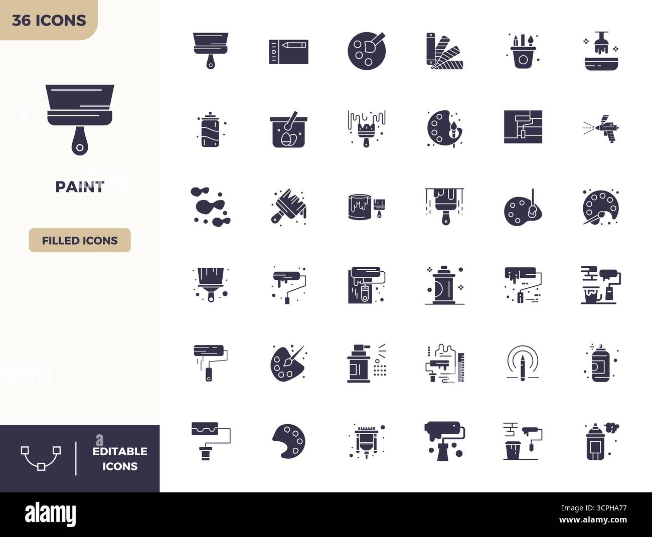 Ensemble raffiné avec 36 icônes vectorielles remplies pour Paint, optimisé avec 128x128 PIXELS DE qualité parfaite pour des solutions de conception élégantes et fonctionnelles. Illustration de Vecteur