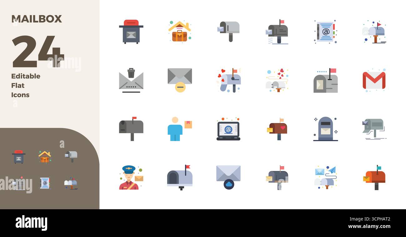 Boîte à outils complète de 24 icônes vectorielles sur le thème de Mailbox, développé à plat avec 128x128 PIXELS précision parfaite pour la conception polyvalente applicatio Illustration de Vecteur
