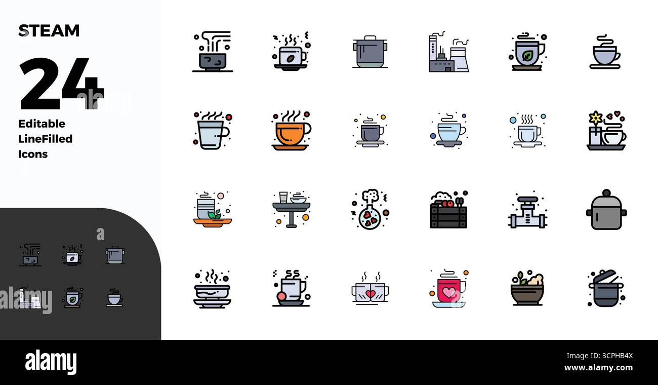 Collection avancée d'icônes vectorielles parfaites de 24 PIXELS inspirées par Steam, conçues en Duotone avec optimisation 128x128 pour des performances visuelles supérieures. Illustration de Vecteur