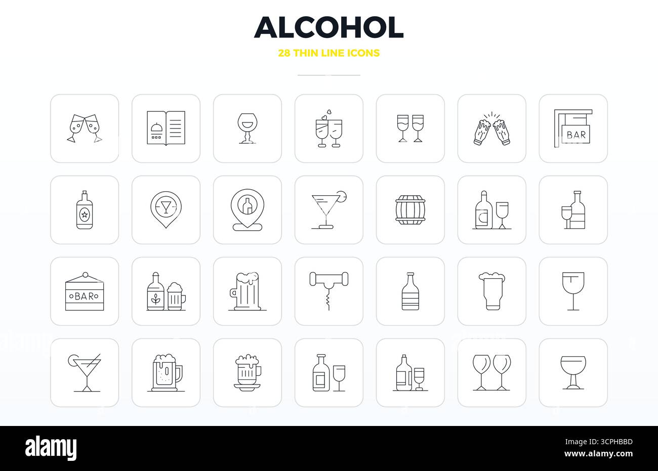 Ensemble sophistiqué de 28 icônes vectorielles Thin Outline pour l'alcool, conçu avec 128x128 PIXELS clarté parfaite pour les applications professionnelles. Illustration de Vecteur