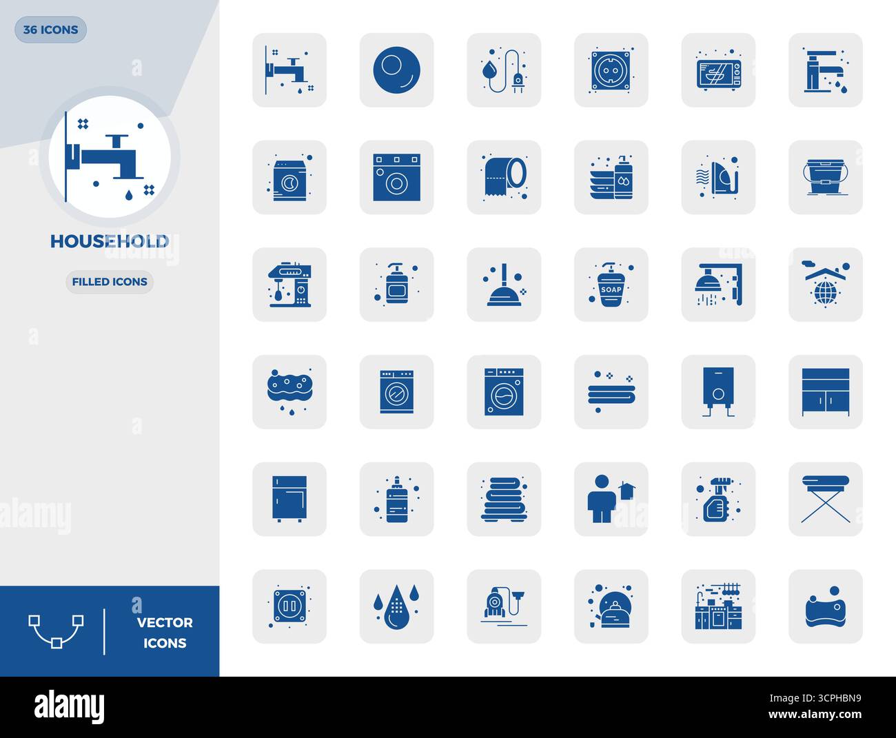Collection de 36 icônes vectorielles parfaites de PIXEL remplies pour le ménage, conçues au format 128x128 pour la clarté et la polyvalence. Illustration de Vecteur