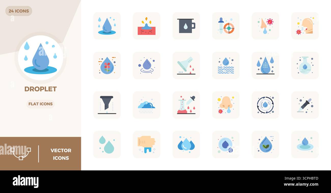 Pack leader de l'industrie de 24 icônes vectorielles Flat PIXEL Perfect pour Droplet, dimensionné à 128x128 pour un rendu optimal et l'excellence de l'interface utilisateur. Illustration de Vecteur