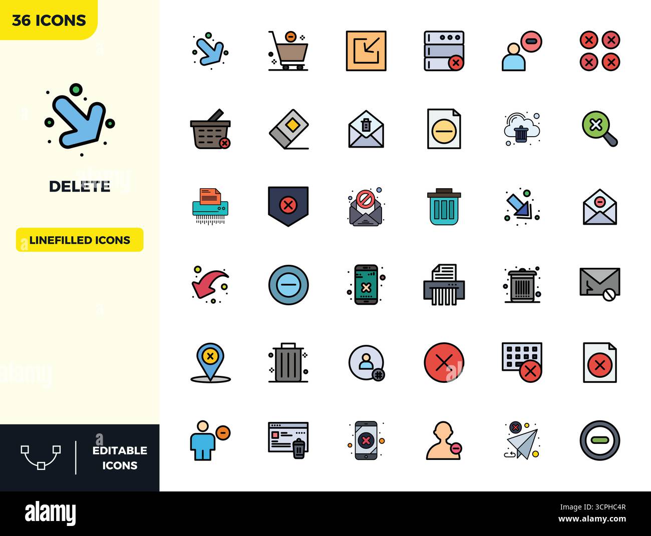 Une collection propre de 36 icônes vectorielles Flat Lineal Color représentant Delete, conçu en 128x128 PIXELS format parfait pour les tableaux de bord modernes et l'interf Illustration de Vecteur