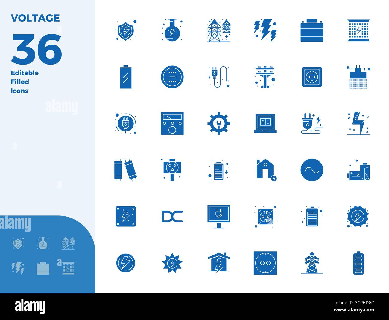 Ultime collection de 36 icônes vectorielles représentant Voltage dans l'esthétique remplie de glyphes, optimisée avec 128x128 PIXELS résolution parfaite pour un maximum d'imp Illustration de Vecteur