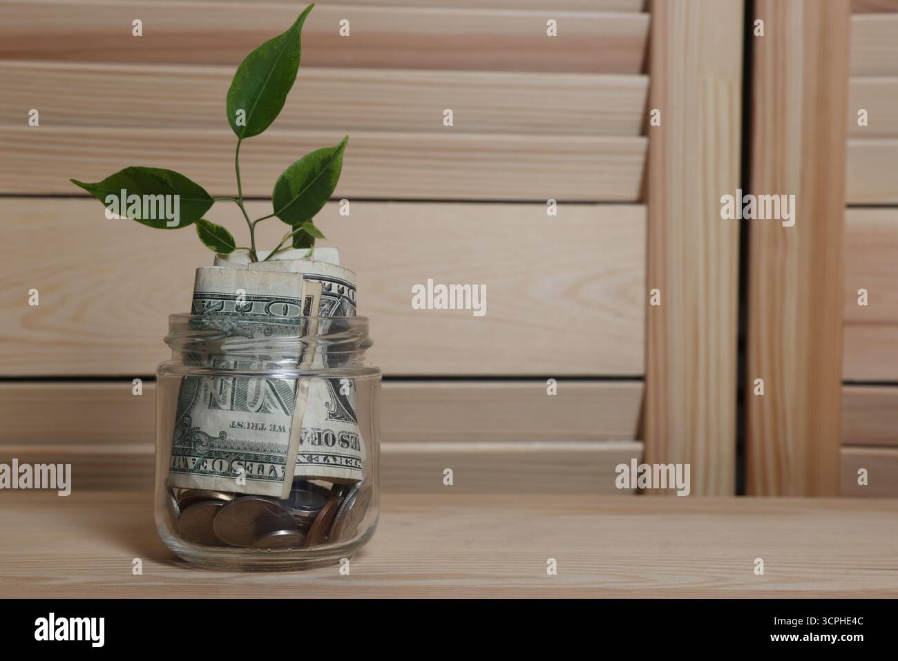 Pot en verre avec germe, pièces de monnaie et dollars sur la table en bois, espace pour le texte Banque D'Images