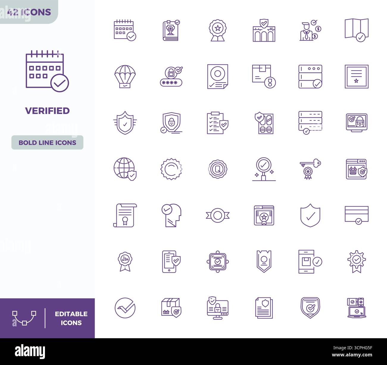 Ensemble complet avec 42 icônes vectorielles dans la conception Heavy Line pour vérifié, livré dans une qualité parfaite 128x128 PIXELS. Illustration de Vecteur
