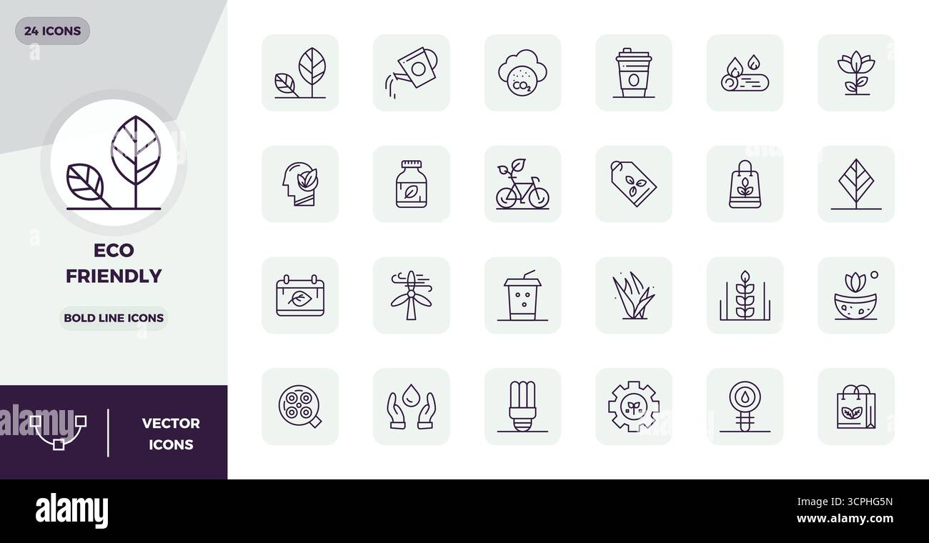 Découvrez un ensemble de 24 icônes vectorielles Bold Line conçues pour le thème Eco Friendly, avec des designs parfaits 128x128 PIXELS idéaux pour les projets UI / UX modernes Illustration de Vecteur