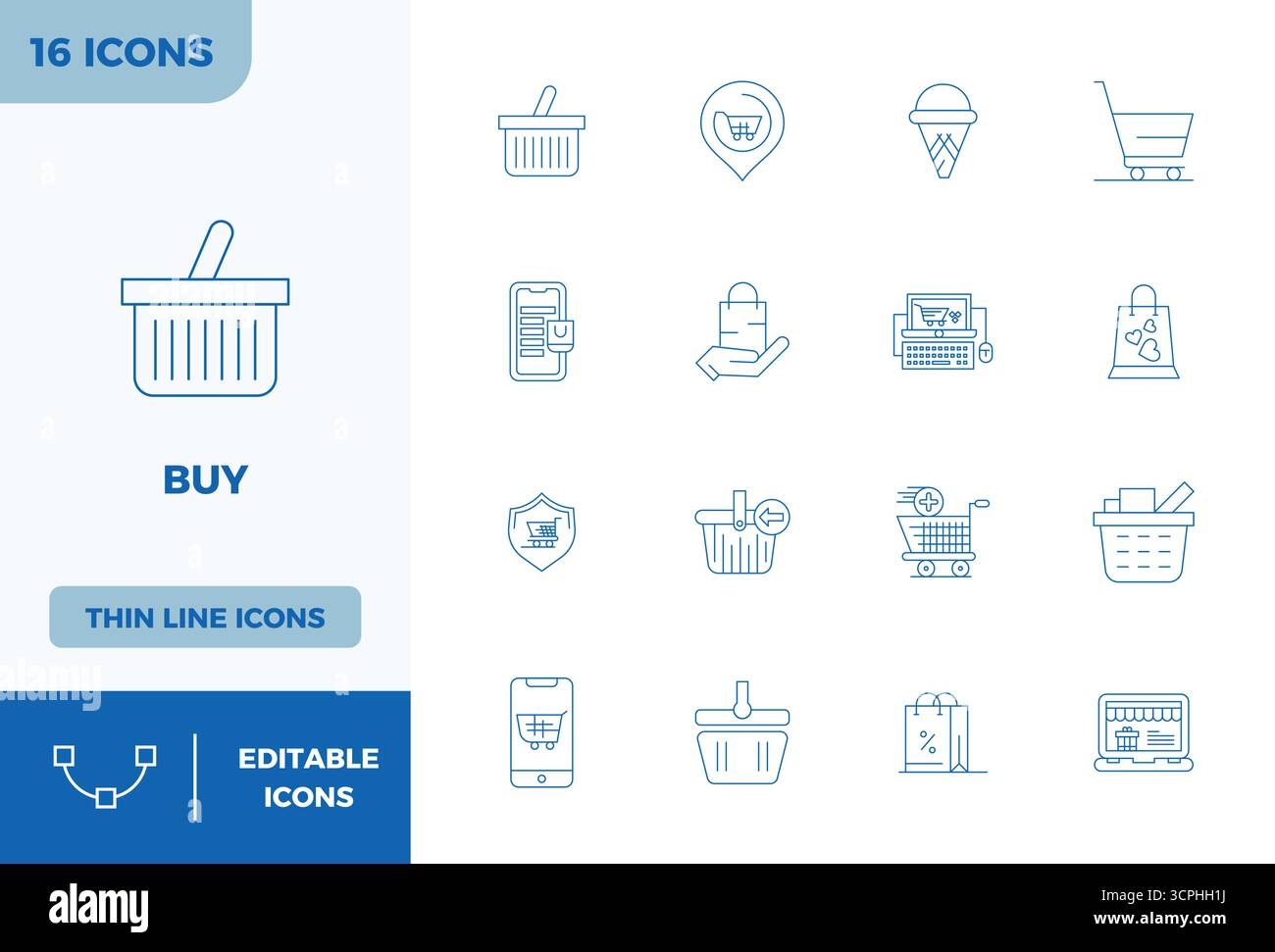 Un ensemble polyvalent de 16 icônes vectorielles minimales Line PIXEL Perfect axées sur Buy, livrées dans un format 128x128 net idéal pour les applications mobiles et Web. Illustration de Vecteur