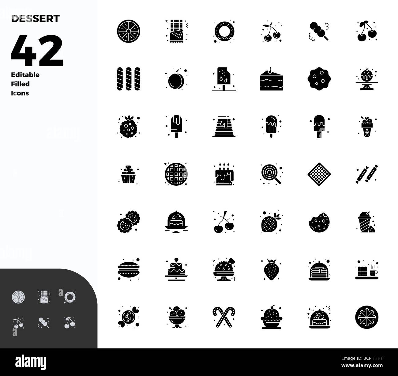 Découvrez un ensemble de 42 icônes vectorielles remplies de glyphes conçues pour le thème du dessert, avec des designs parfaits 128x128 PIXELS idéaux pour les projets UI / UX modernes. Illustration de Vecteur
