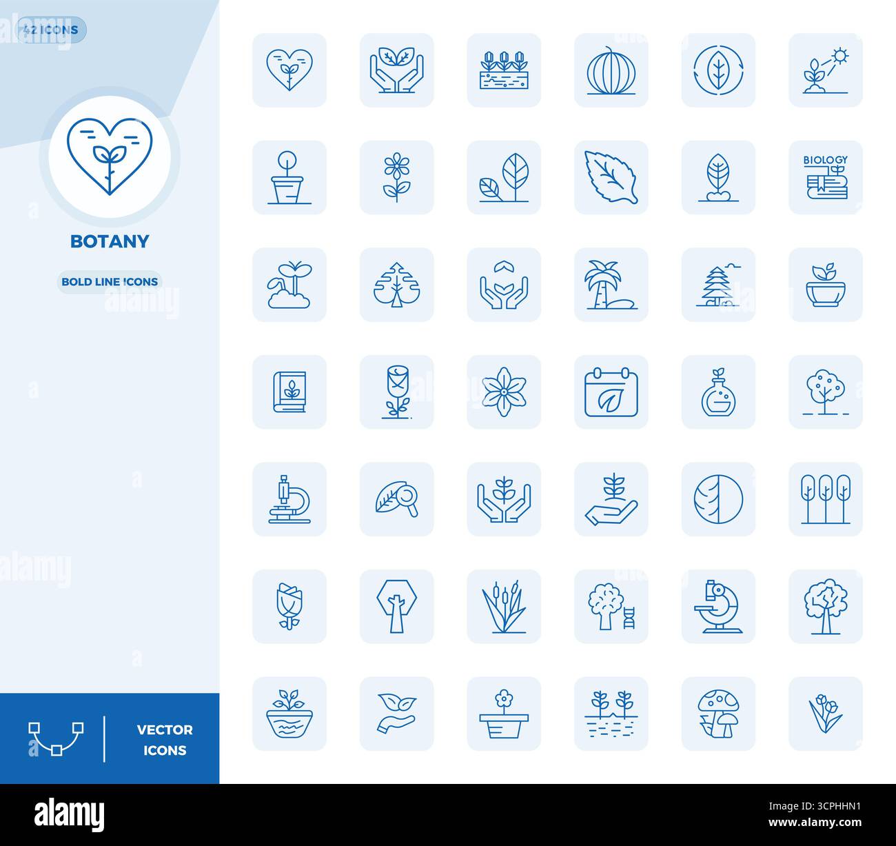 Boîte à outils complète de 42 icônes vectorielles sur le thème de Botany, développé en Bold Line avec 128x128 PIXELS précision parfaite pour une applique de conception polyvalente Illustration de Vecteur