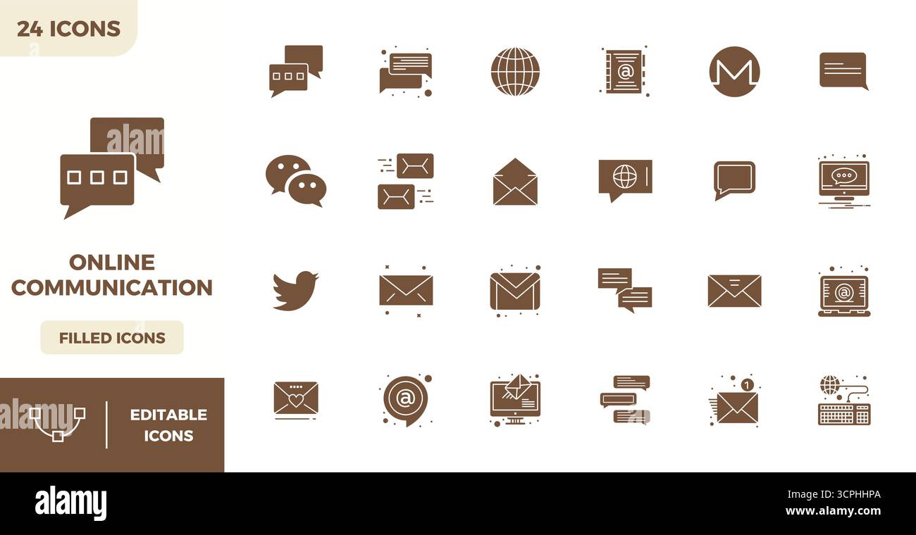 Ensemble sophistiqué de 24 icônes vectorielles remplies pour la communication en ligne, conçu avec une clarté parfaite de 128x128 PIXELS pour les applications professionnelles. Illustration de Vecteur