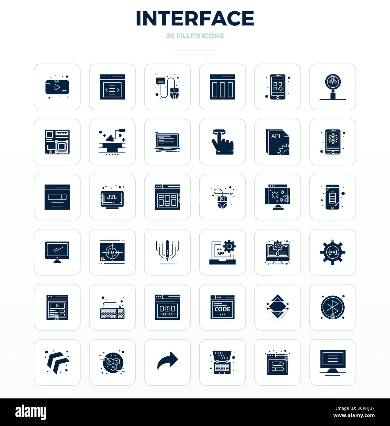 Explorez 36 icônes vectorielles SolidFill PIXEL Perfect en résolution 128x128 inspirées par interface. Parfait pour les interfaces Web et d'application. Illustration de Vecteur