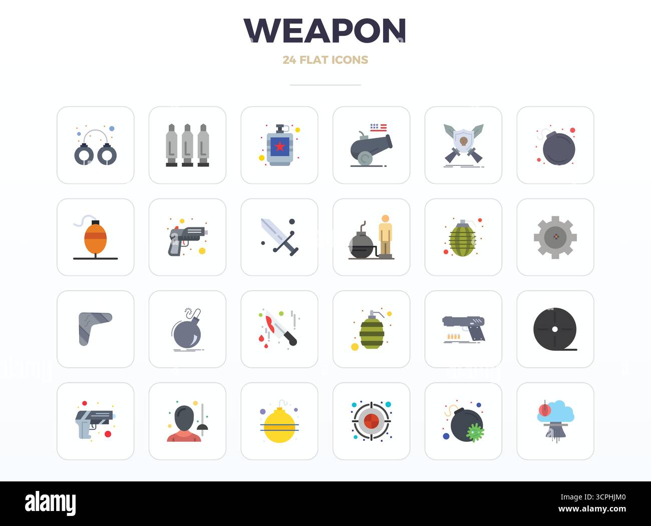 Collection exclusive de 24 icônes vectorielles minimales Flat pour arme, développée avec une résolution parfaite de 128x128 PIXELS pour des expériences de marque premium. Illustration de Vecteur